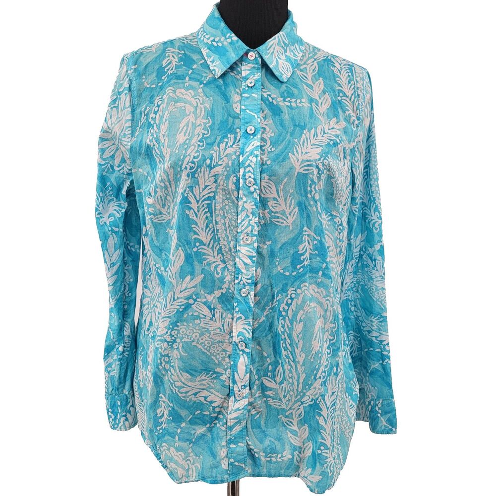 Talbots Womens L Teal Blue Paisley 100% Cotton Long Sleeve Collar Button Shirt